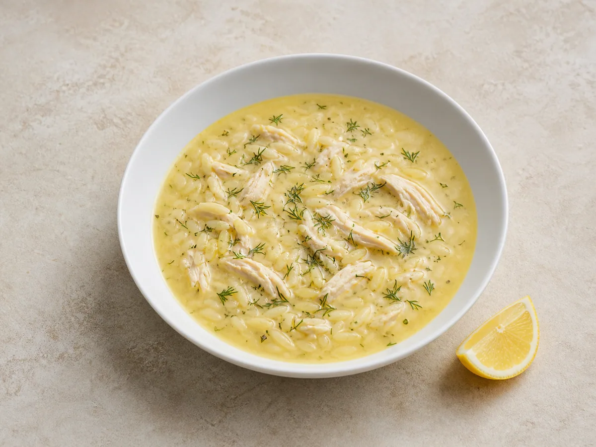 Bowl of Greek avgolemono chicken soup with rice, lemon, and fresh dill