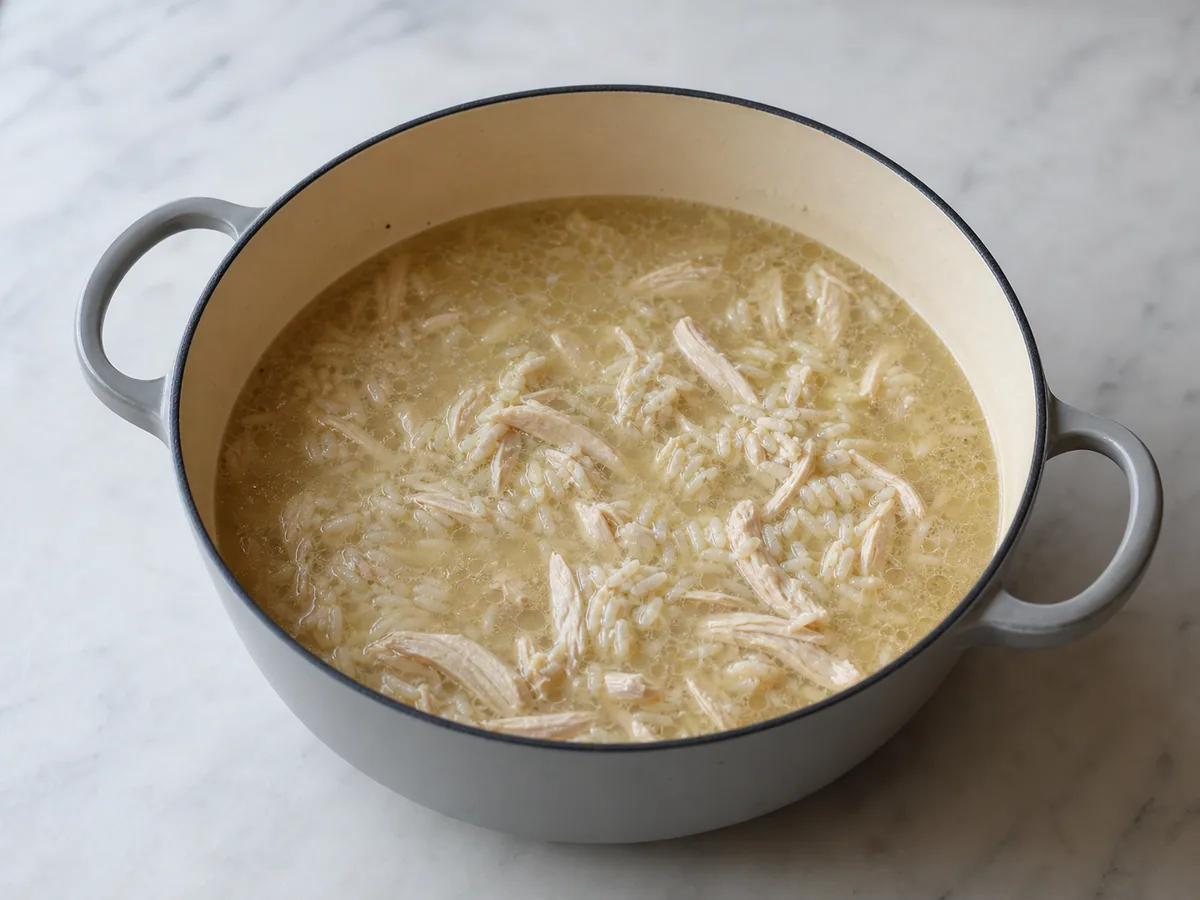 Sopa grega de frango avgolemono com frango totalmente cozido e arroz macio após o cozimento