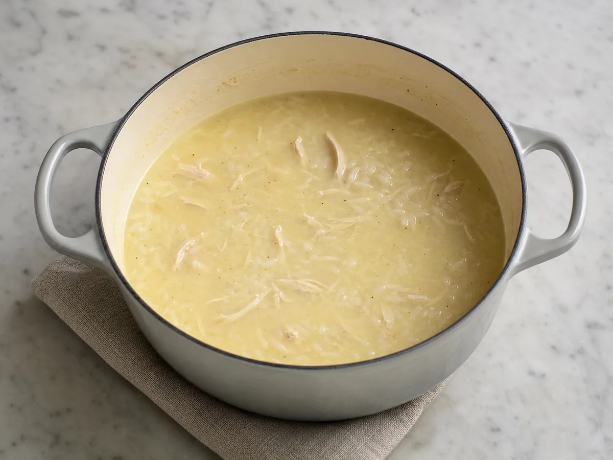Sopa grega de frango avgolemono engrossada delicadamente, com caldo aveludado cobrindo levemente as costas de uma colher