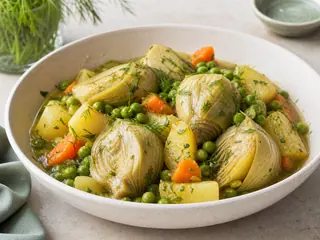 Greek braised artichoke hearts with peas, potatoes, carrots, lemon, and dill