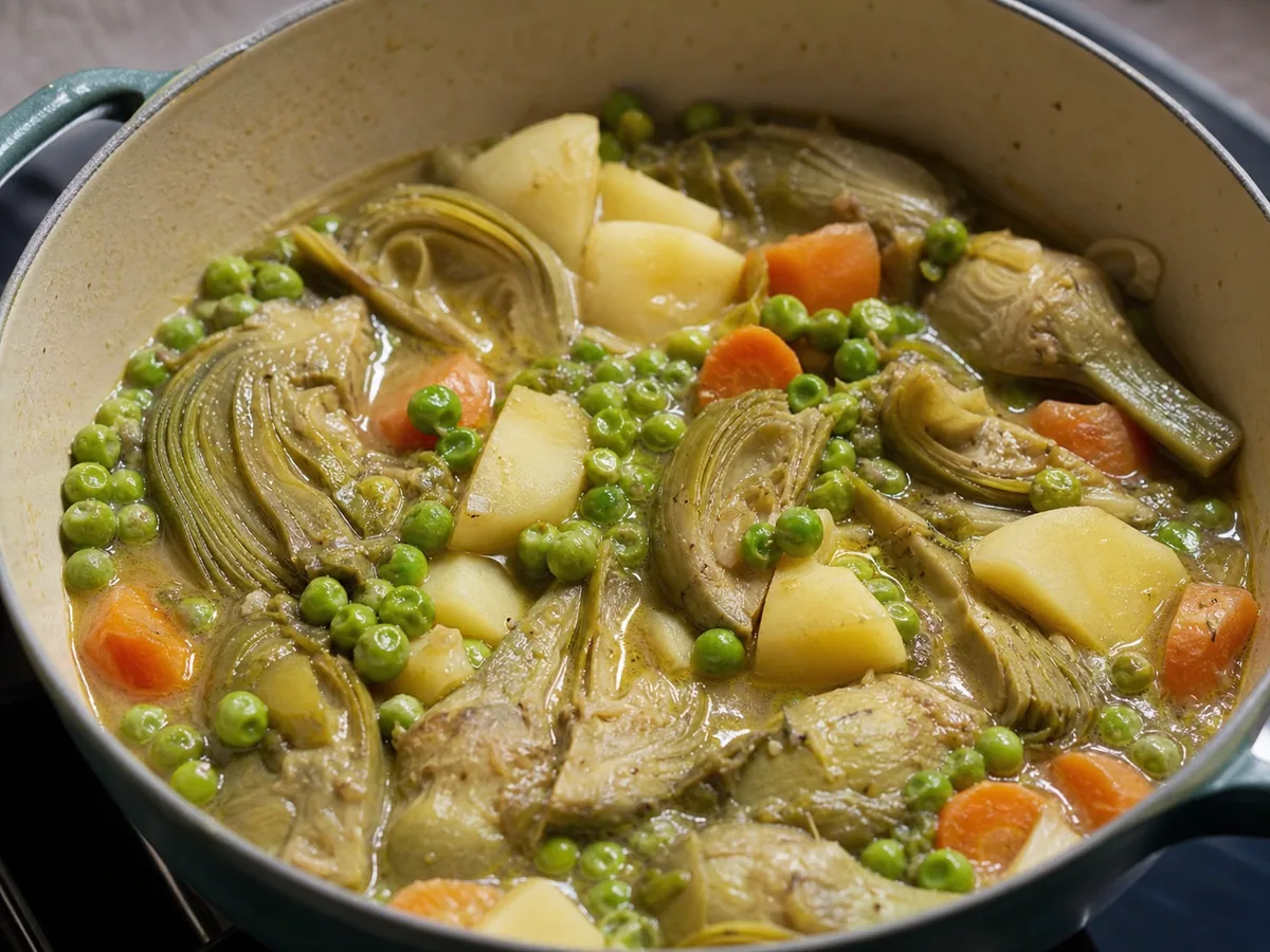 Corações de alcachofra, batatas, cenouras e ervilhas macios cozinhando antes da finalização de limão e endro