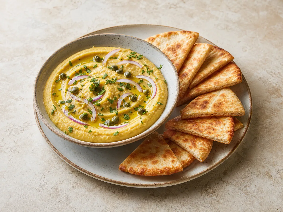 Greek yellow split pea fava dip topped with capers and red onion, served with toasted pita wedges