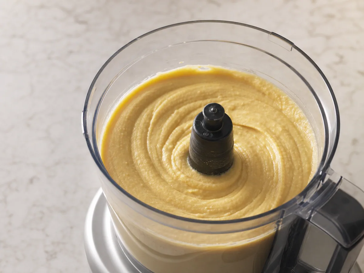Purê de fava liso e dourado-claro, com uma espiral macia na panela depois de batido