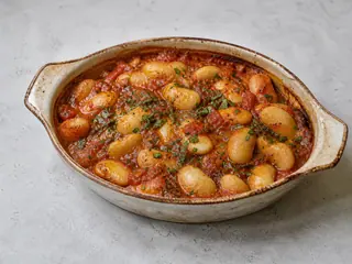 Greek gigantes plaki in a shallow baking dish with tomato sauce and fresh herbs