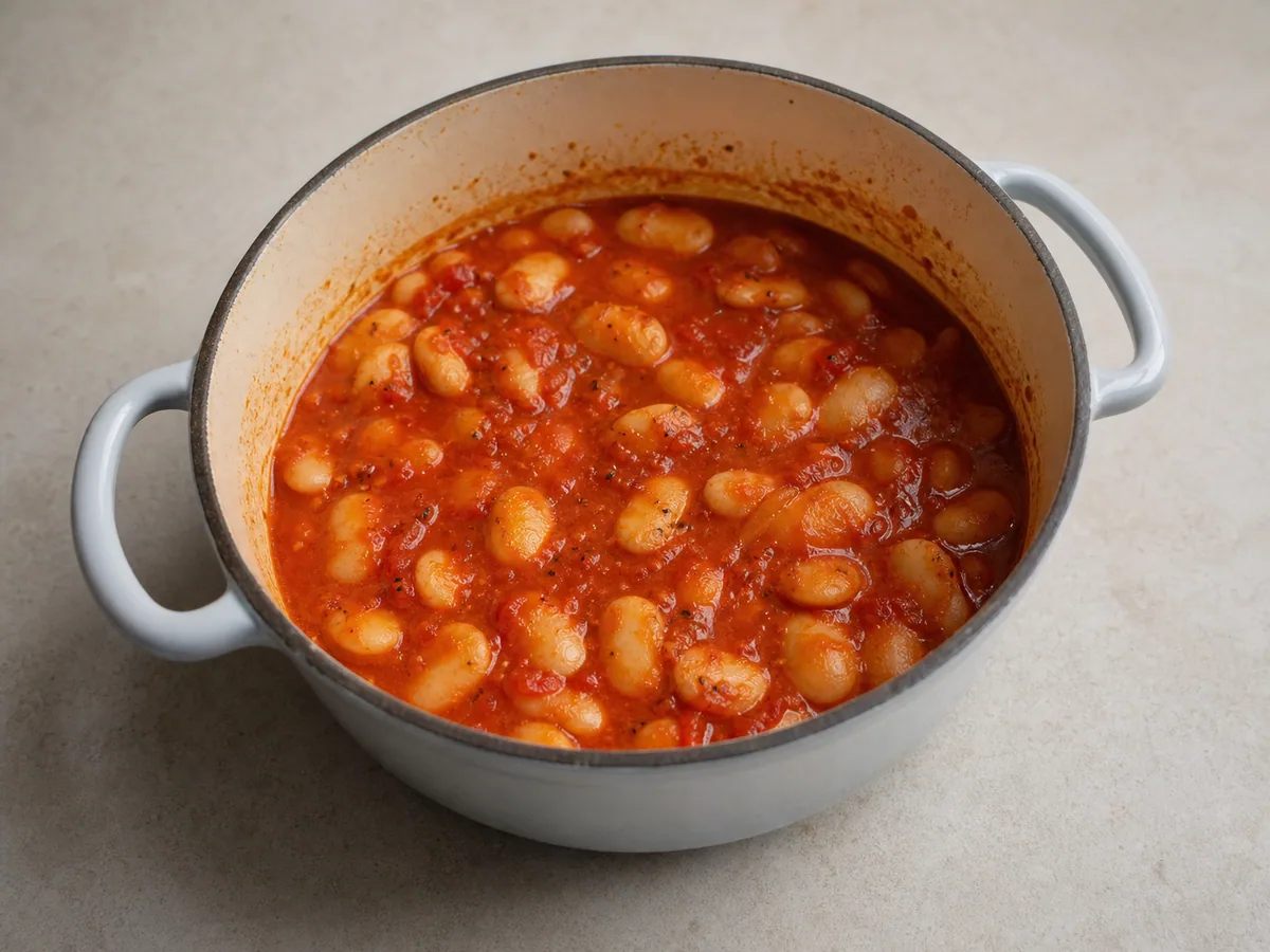 Salsa suelta de tomate y verduras hirviendo antes de agregar los frijoles a la preparación de gigantes griegos al horno