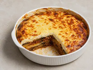 Square slice of Greek lamb moussaka showing eggplant, potato, meat sauce, and golden béchamel layers