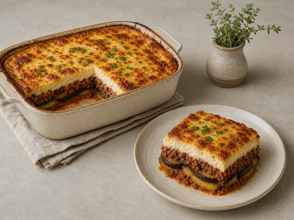 Fatia quadrada de moussaka grega de cordeiro mostrando camadas de berinjela, batata, molho de carne e bechamel dourado