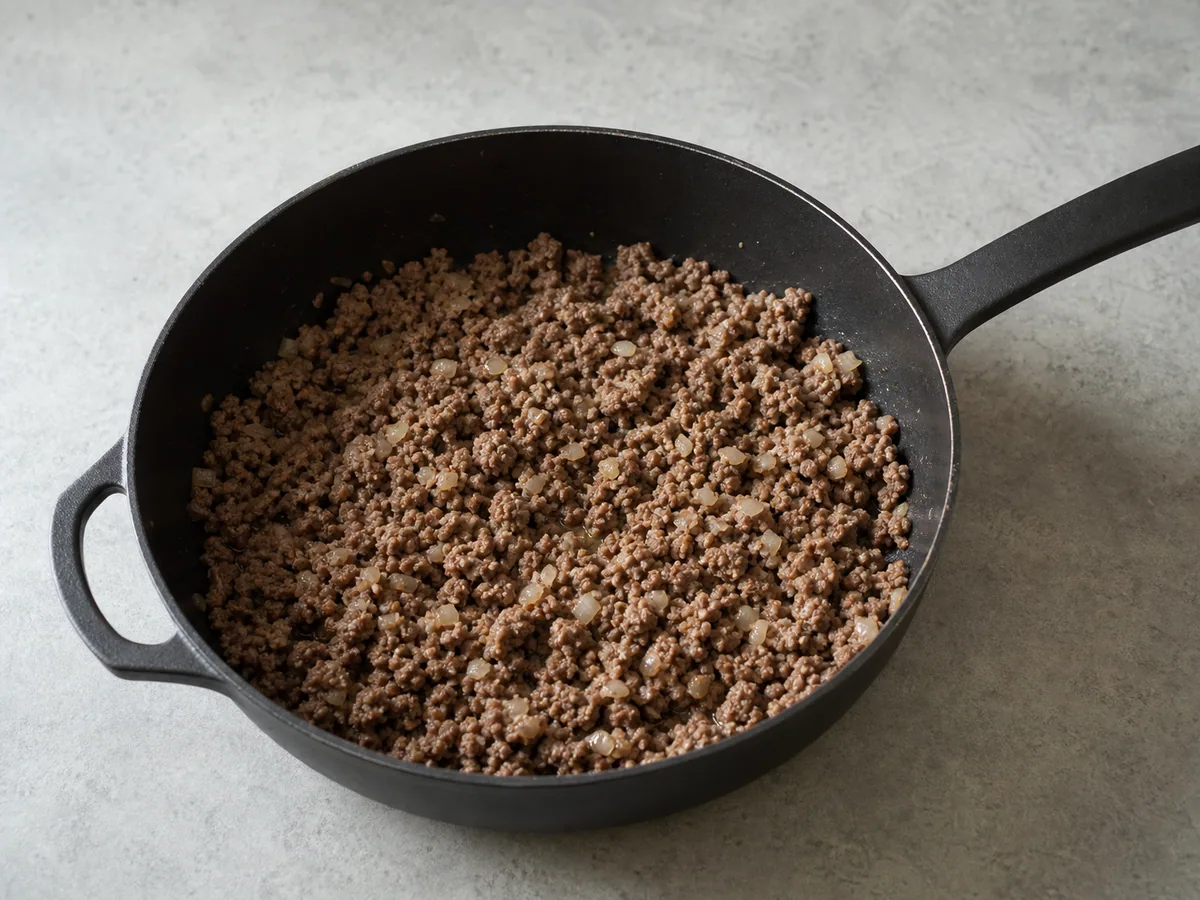 Cordero molido completamente dorado para moussaka griega, con un termómetro de cocina reviseo los trozos más grees