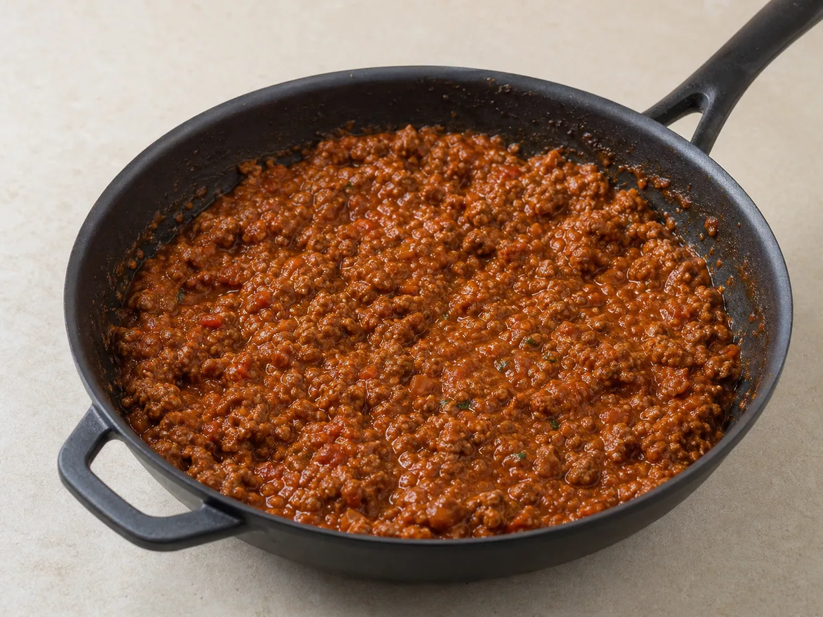 Salsa espesa reducida de cordero y tomate para moussaka griega, con un surco claro de cuchara en la sartén
