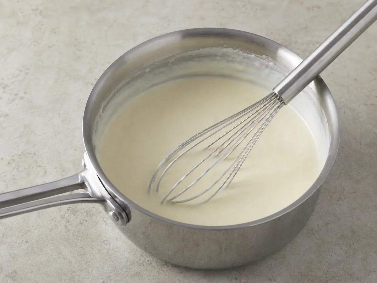 Bechamel espesa sin huevo para moussaka griega, con marcas claras del batidor antes de templar los huevos