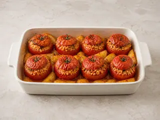 Greek rice-stuffed tomatoes baked with golden potato wedges and fresh herbs
