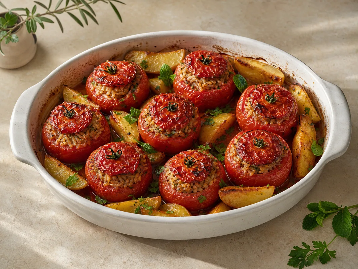 Tomates griegos rellenos de arroz horneados con gajos de papa dorados y hierbas frescas