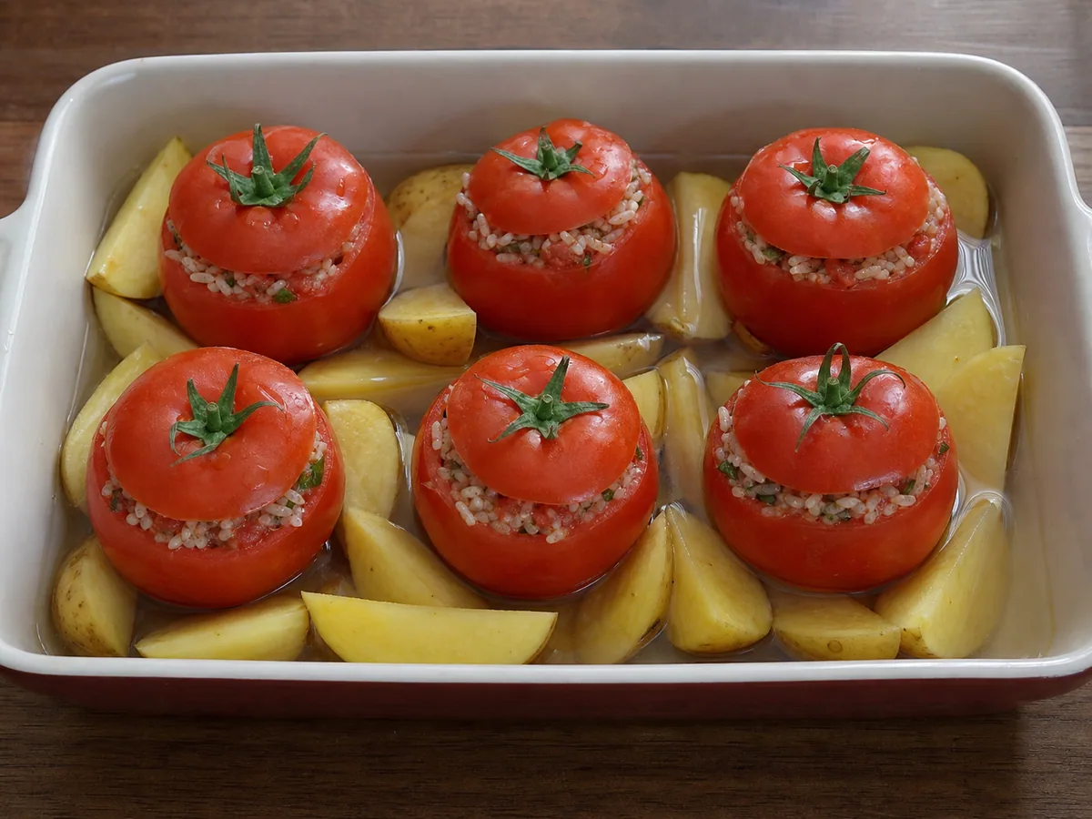 Tomates Griegos Rellenos de Arroz: rellena los tomates y arma la fuente