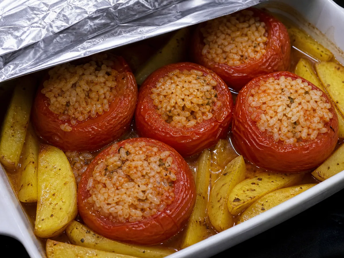 Tomates Griegos Rellenos de Arroz: hornea hasta que el arroz empiece a ablandarse