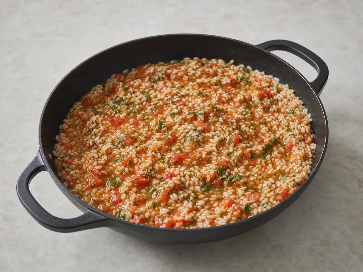Mezcla suelta de tomate y arroz con granos firmes y hierbas picadas en una sartén