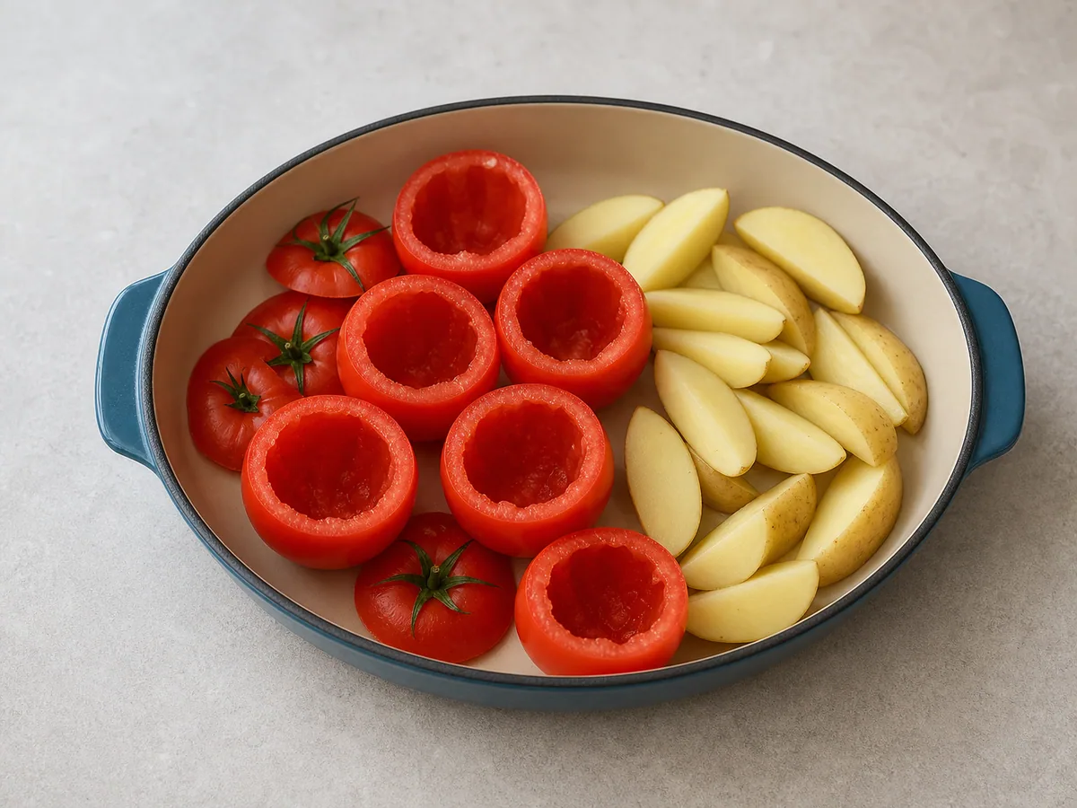 Tomate ahuecado con paredes de 1 cm, junto a su tapa y la pulpa reservada