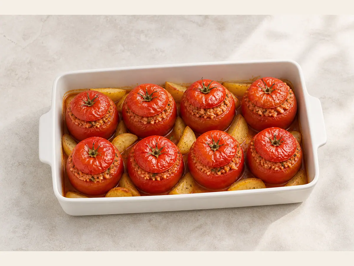 Rested Greek rice-stuffed tomatoes with potato wedges in their baking dish
