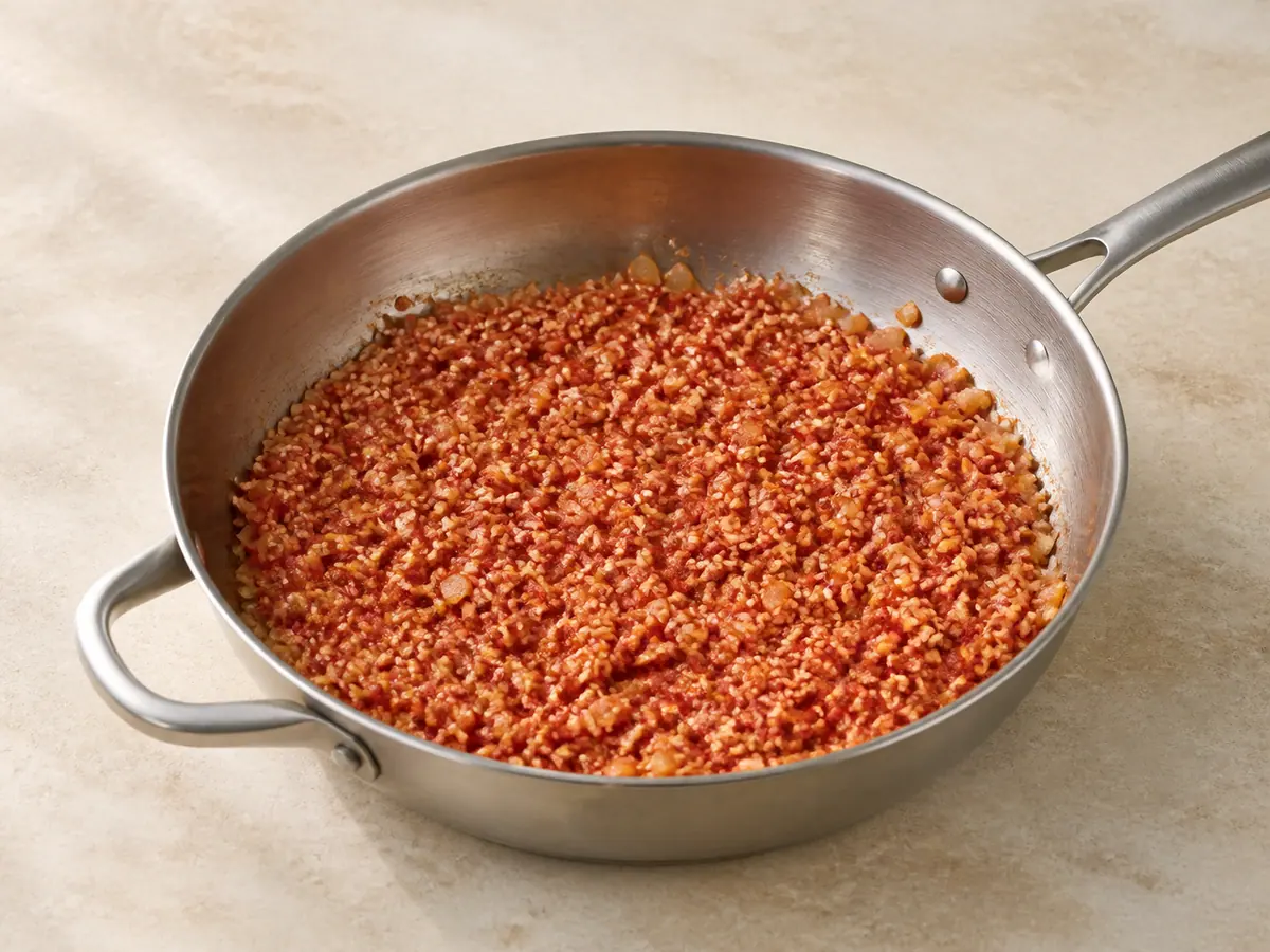 Rice, tomato paste, onion, and garlic beginning to cook in a wide skillet