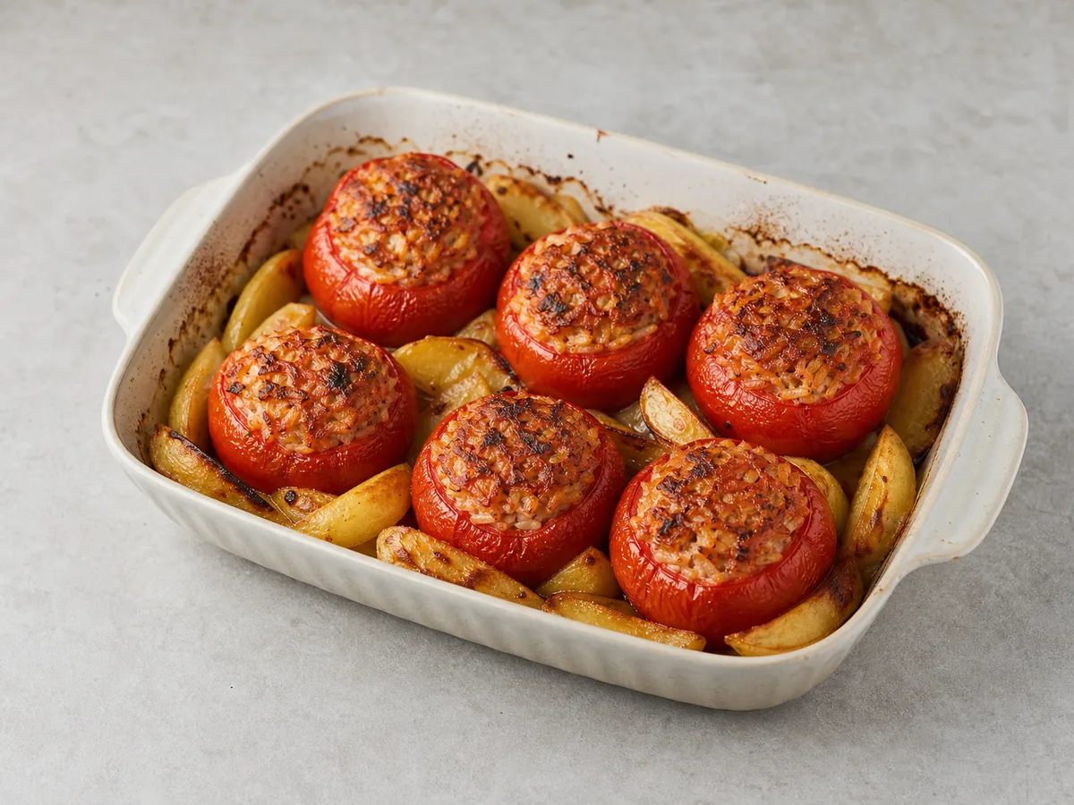 Tomates tiernos rellenos de arroz, con bordes de papa dorados tras hornearlos sin tapar