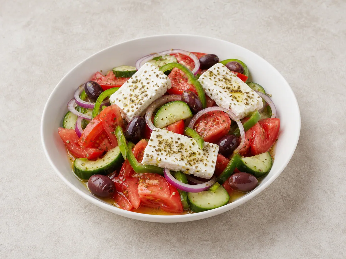 Greek village salad with tomatoes, cucumber, olives, and slabs of feta