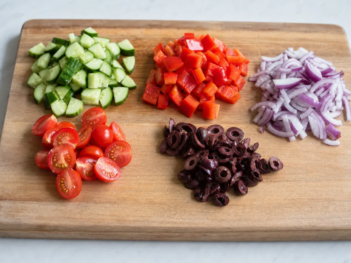 Tomates, pepino, pimentão verde e cebola roxa preparados na tigela antes do molho