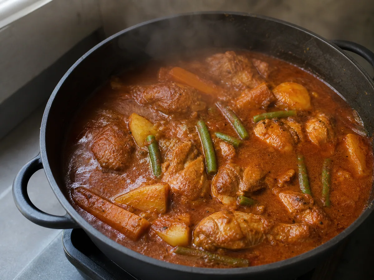 Pepián guatemalteco de frango completamente cozido em caçarola de ferro, com recado espesso e legumes macios