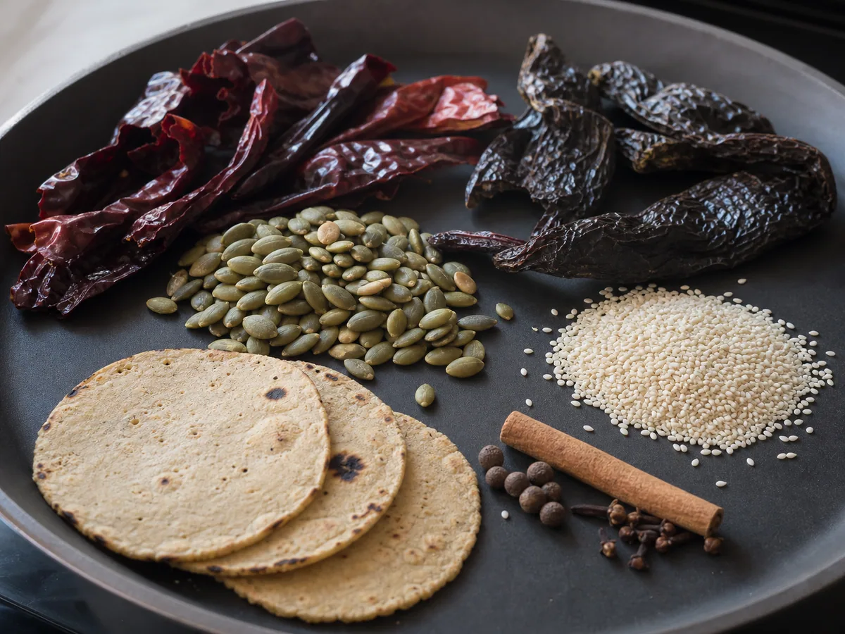 Sementes de abóbora, gergelim, tortillas de milho, pimentas secas, cravos e pimenta-do-reino tostados separadamente para o pepián guatemalteco de frango