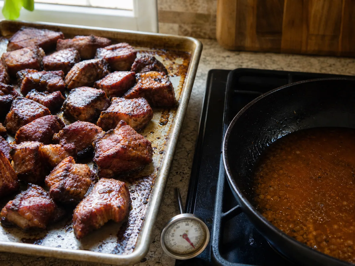 Fully cooked Haitian-style pork shoulder with deeply browned edges on a rimmed baking sheet