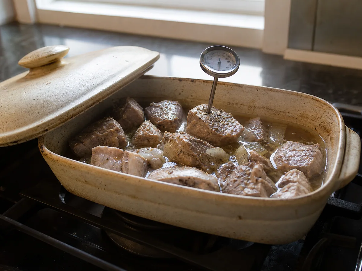 Fully cooked fork-tender Haitian-style pork after covered roasting, still pale before browning