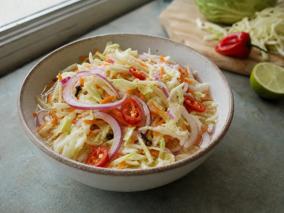 Quick pikliz of crisp cabbage, carrots, red onion, and Scotch bonnet pressed into lime-vinegar brine