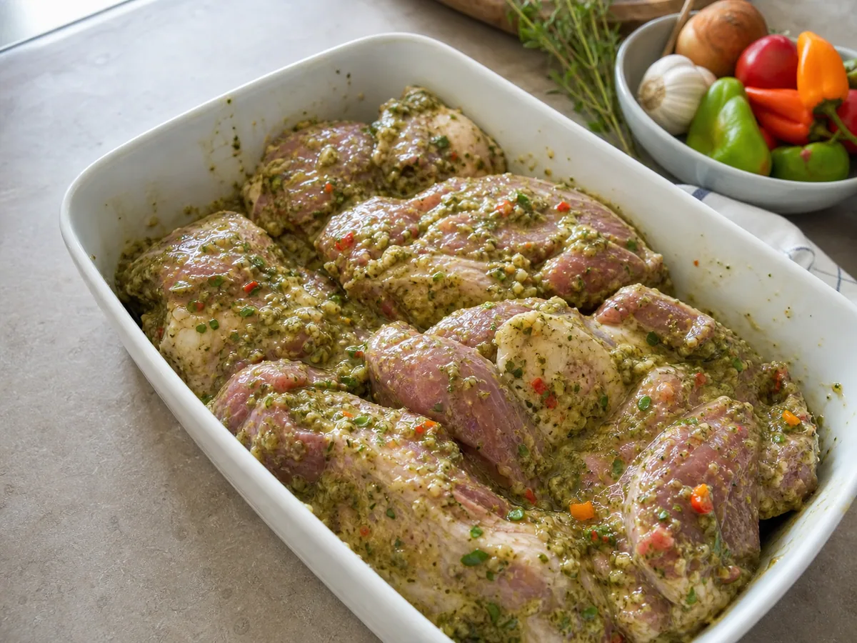 Coarse green epis in a blender jar for Haitian oven-roasted pork before it touches raw meat