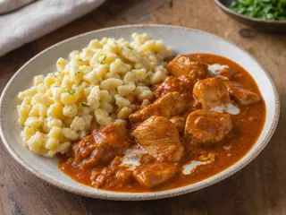 Frango paprikash húngaro com nokedli em uma tigela rasa