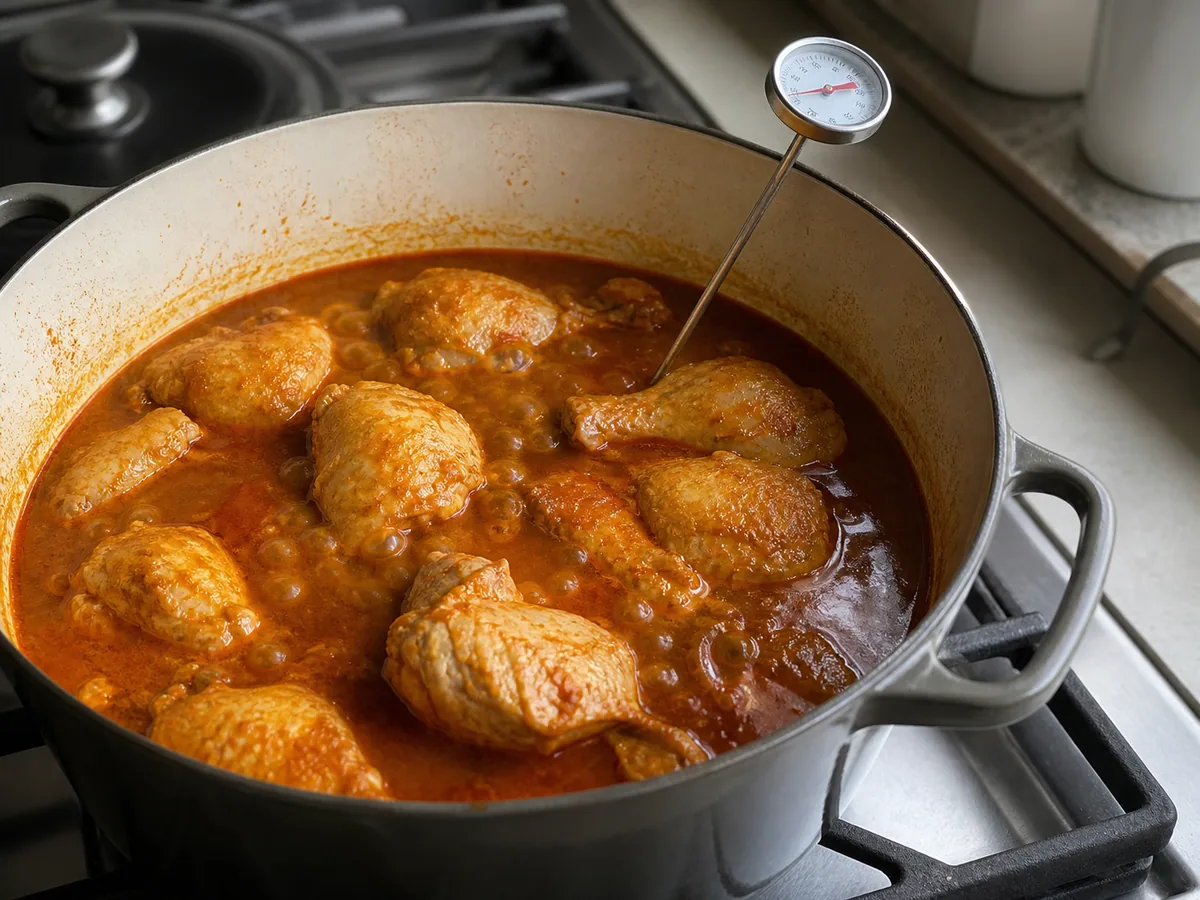 Coxas de frango totalmente cozidas em molho de páprica vermelho-terra ao fim do braseado