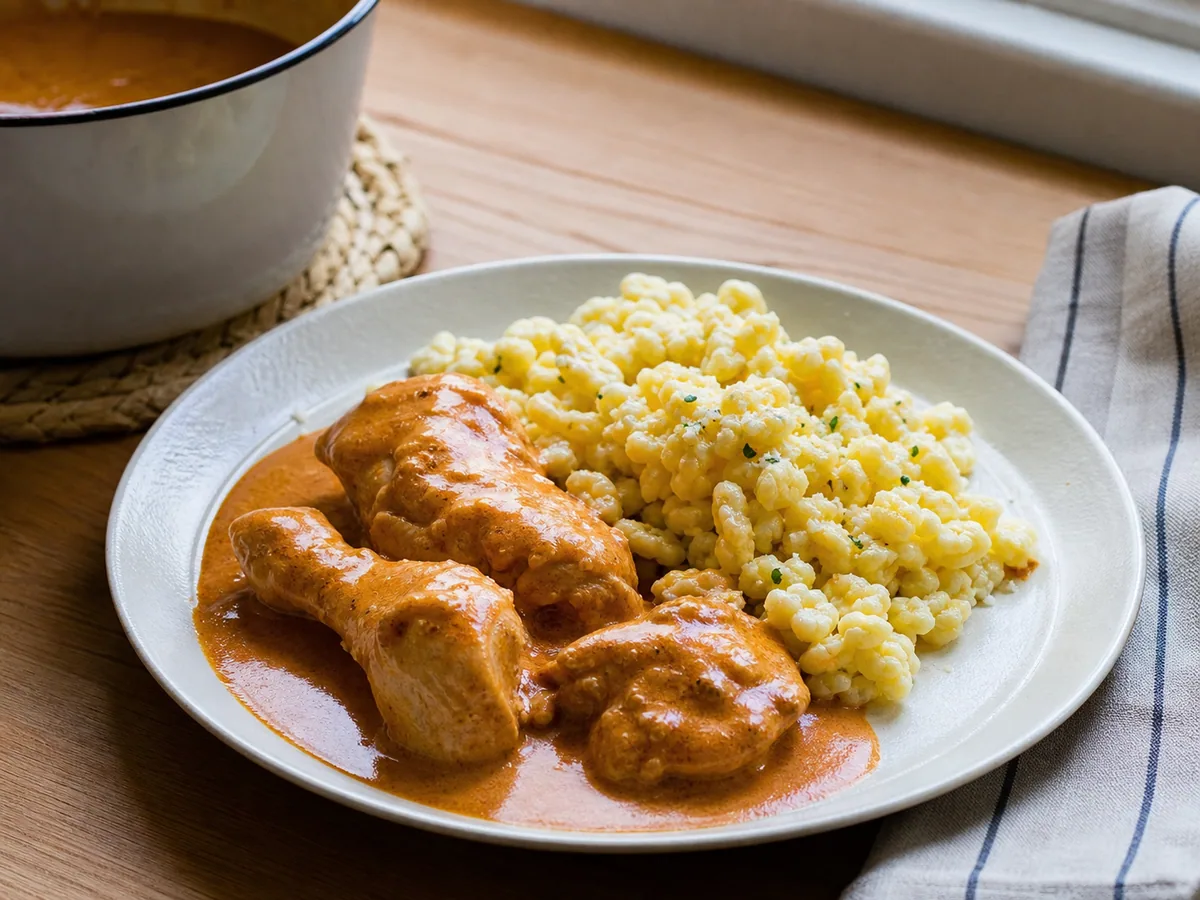 Frango totalmente cozido aquecido em molho cremoso e liso de páprica antes de servir com nokedli