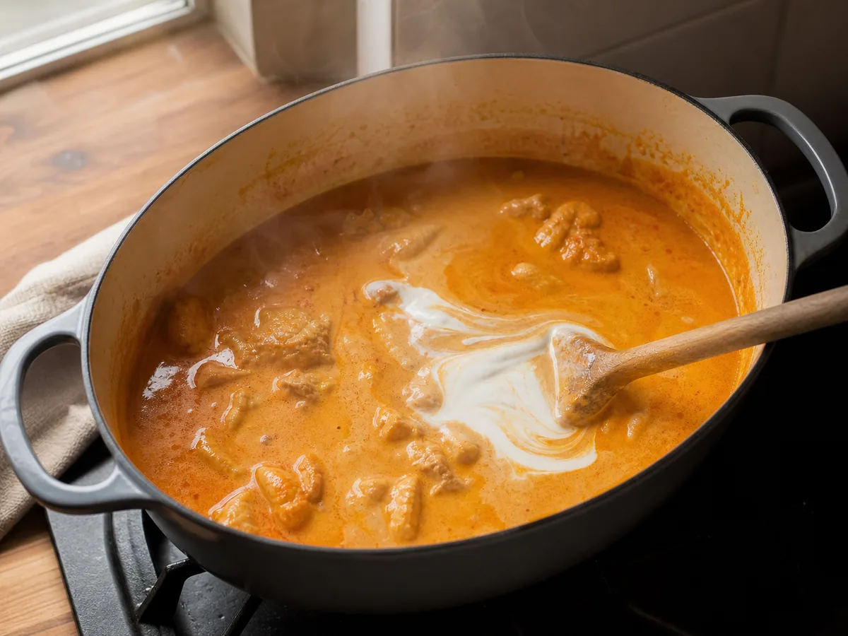 Molho liso de páprica com creme azedo cozido na panela antes de o frango voltar