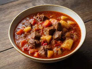 Sopa de goulash húngaro com carne bovina, batatas, cenouras, salsinha e caldo de páprica