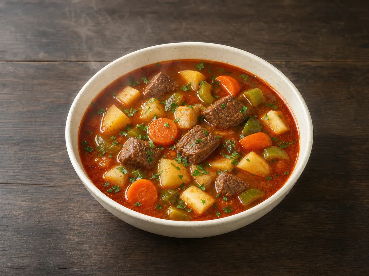 Sopa húngara de goulash com carne bovina, batatas, cenouras, salsa e caldo de páprica