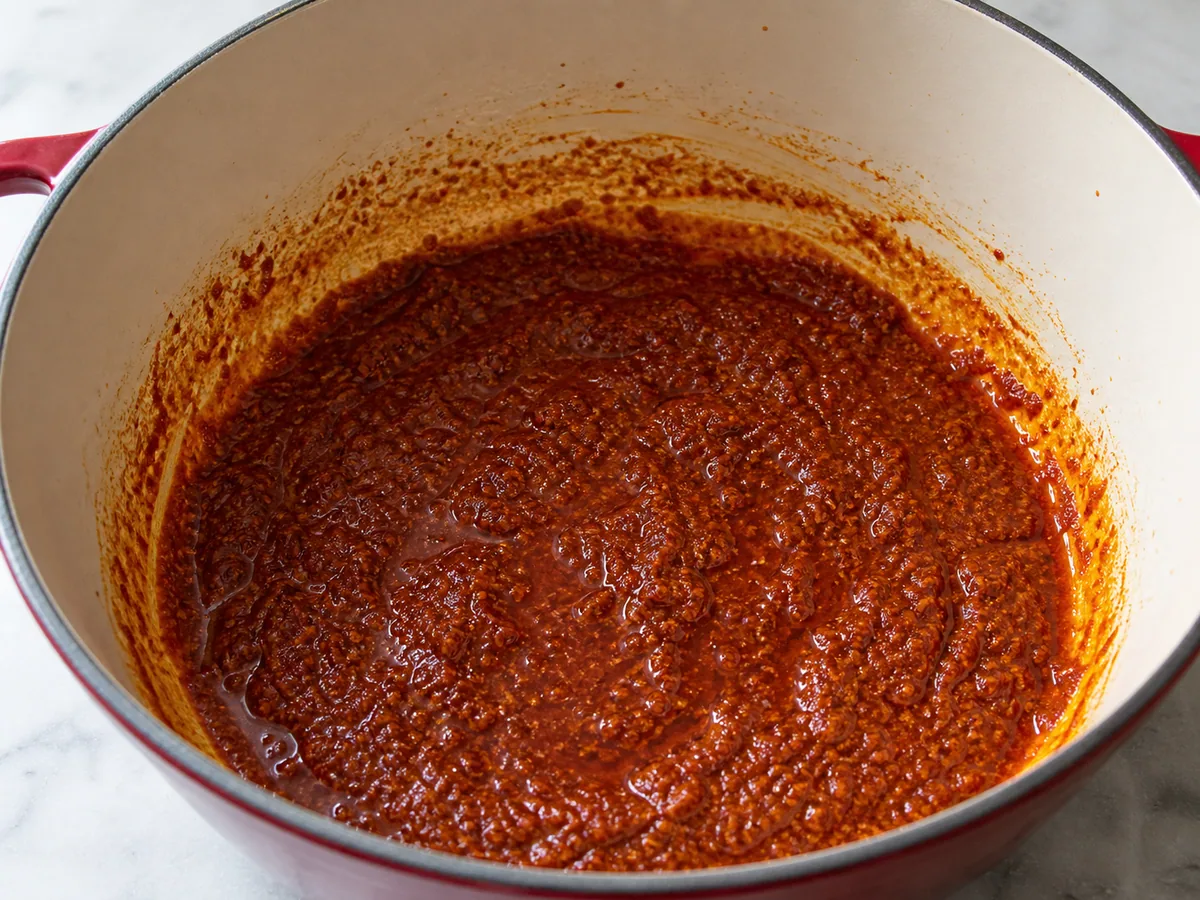 Cebolas cobertas de páprica com alho e alcaravia antes de acrescentar o pimentão e o tomate