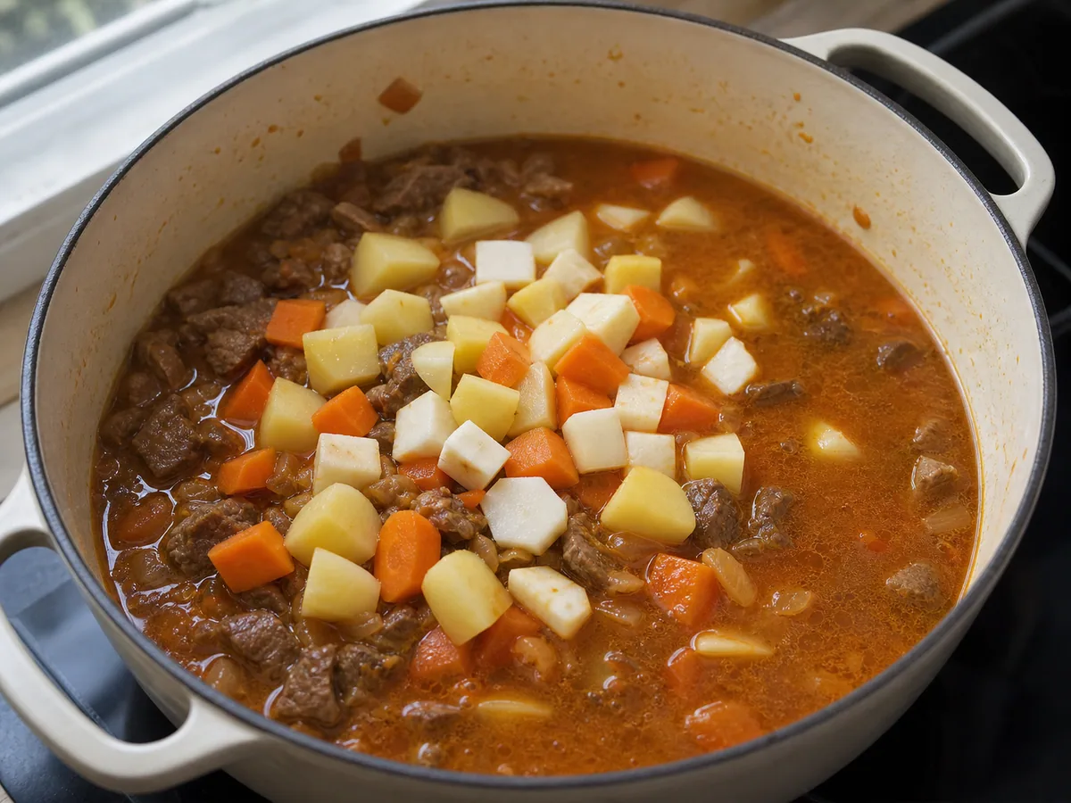 Batatas, cenouras e raiz de salsinha macias, cozinheo com carne bovina na sopa húngara de goulash
