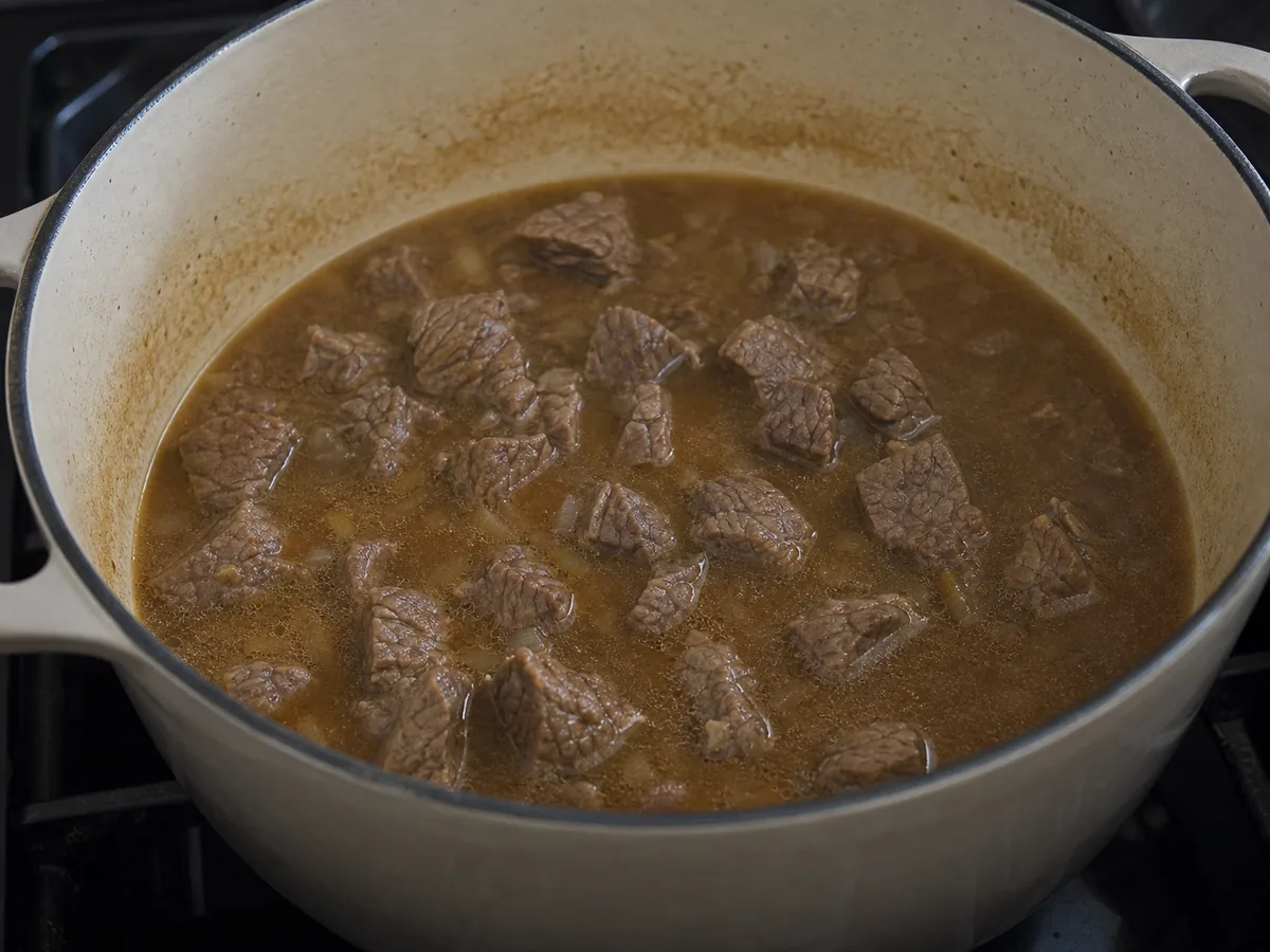 Carne bovina totalmente cozida, fervendo em caldo de páprica antes de acrescentar as raízes