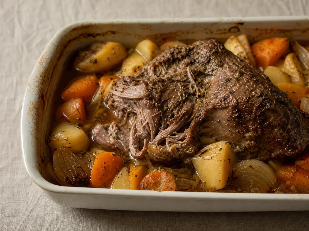 Fully cooked lamb shoulder pulling apart beside tender roasted root vegetables in the roasting pan