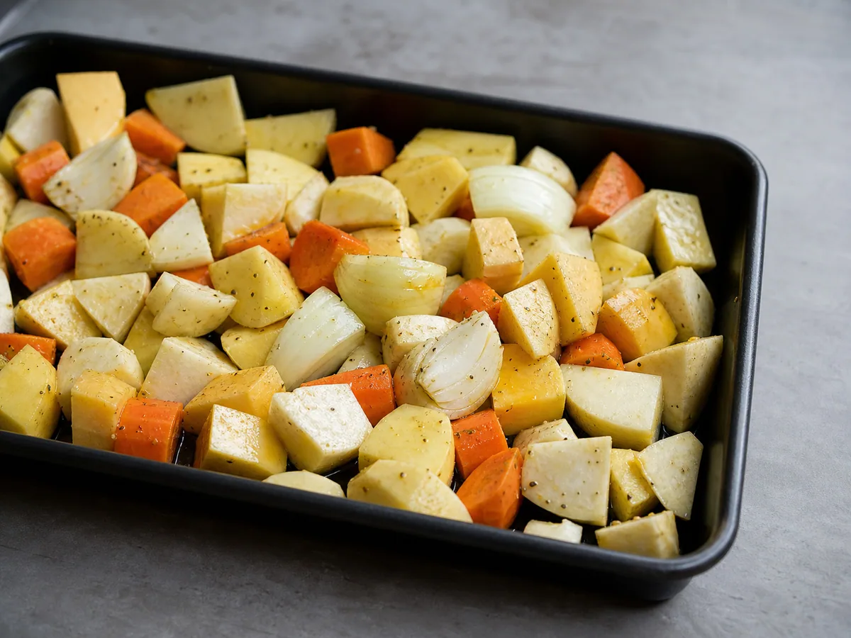 Large pieces of waxy potatoes, carrots, rutabaga, parsnips, and yellow onions arranged in an oiled roasting pan with the center cleared