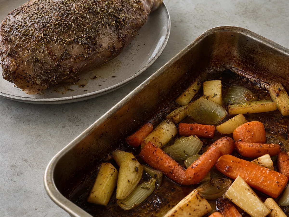 Caramelized potatoes, carrots, rutabaga, parsnips, and onions coated in reduced glossy pan juices