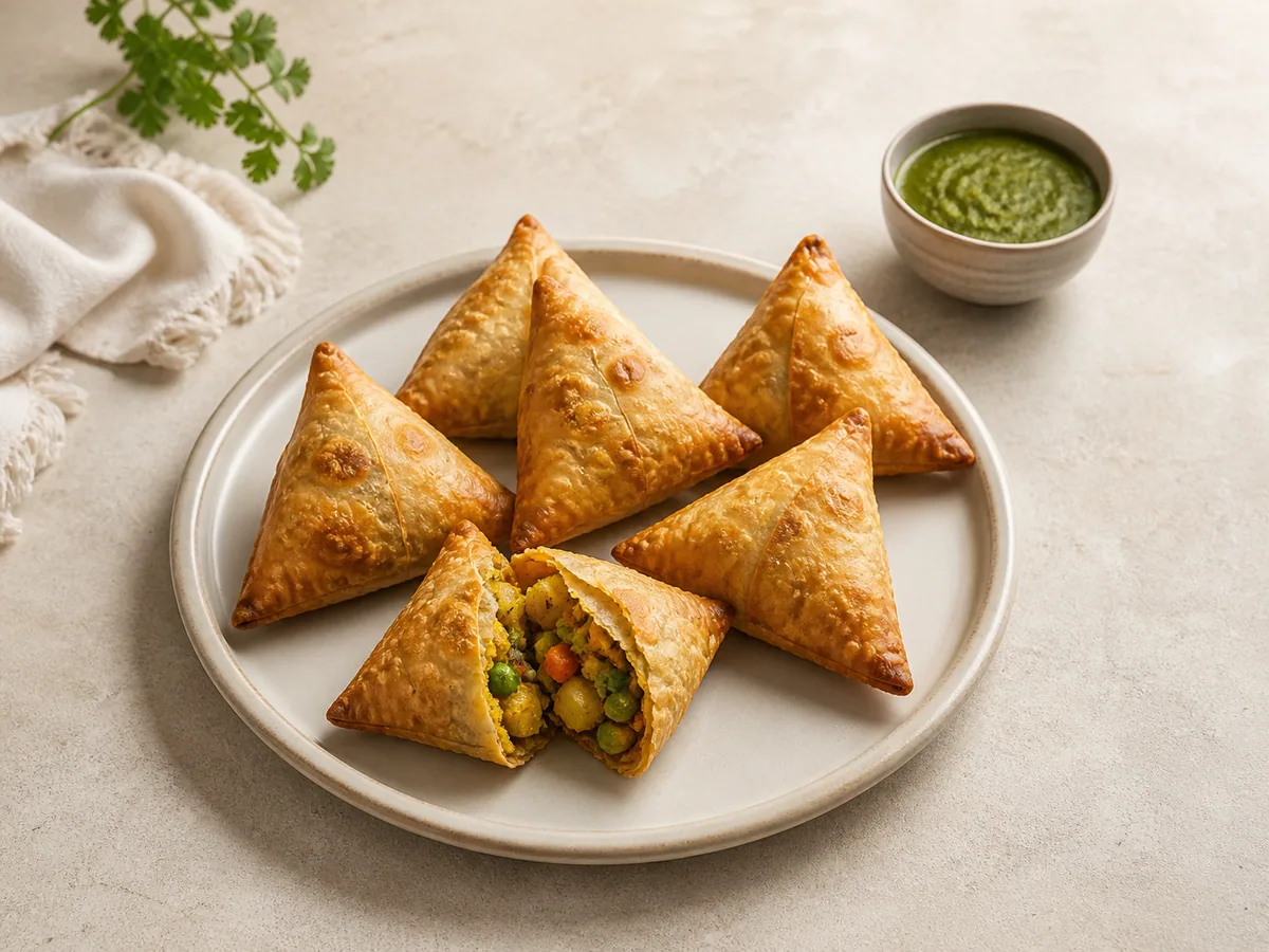 Golden baked vegetable samosas with mint chutney