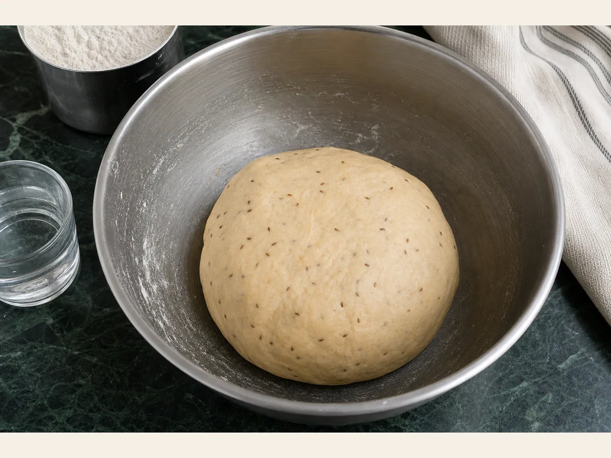 Firm resting samosa dough beside the flour bowl