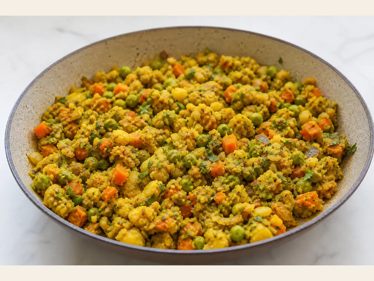 Dry spiced potato, pea, and carrot filling cooling on a plate