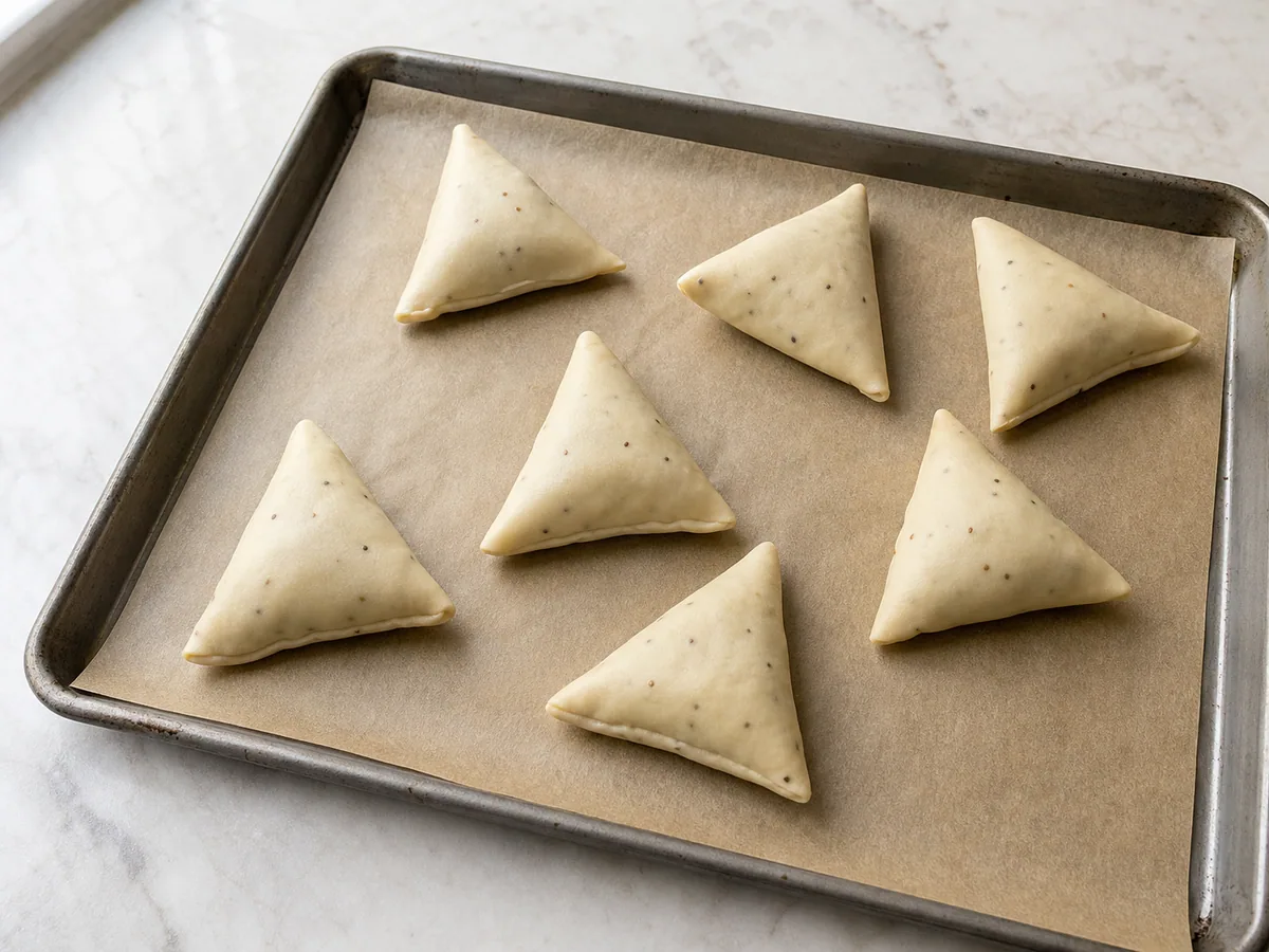 Unbaked triangular samosas sealed seam-side down on parchment