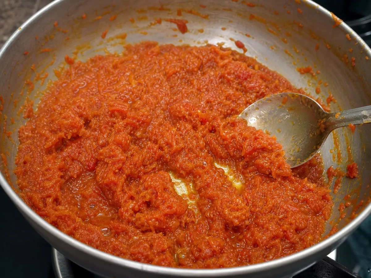 Indian carrot halwa cooked until glossy and thick enough to leave a clean path in the pot