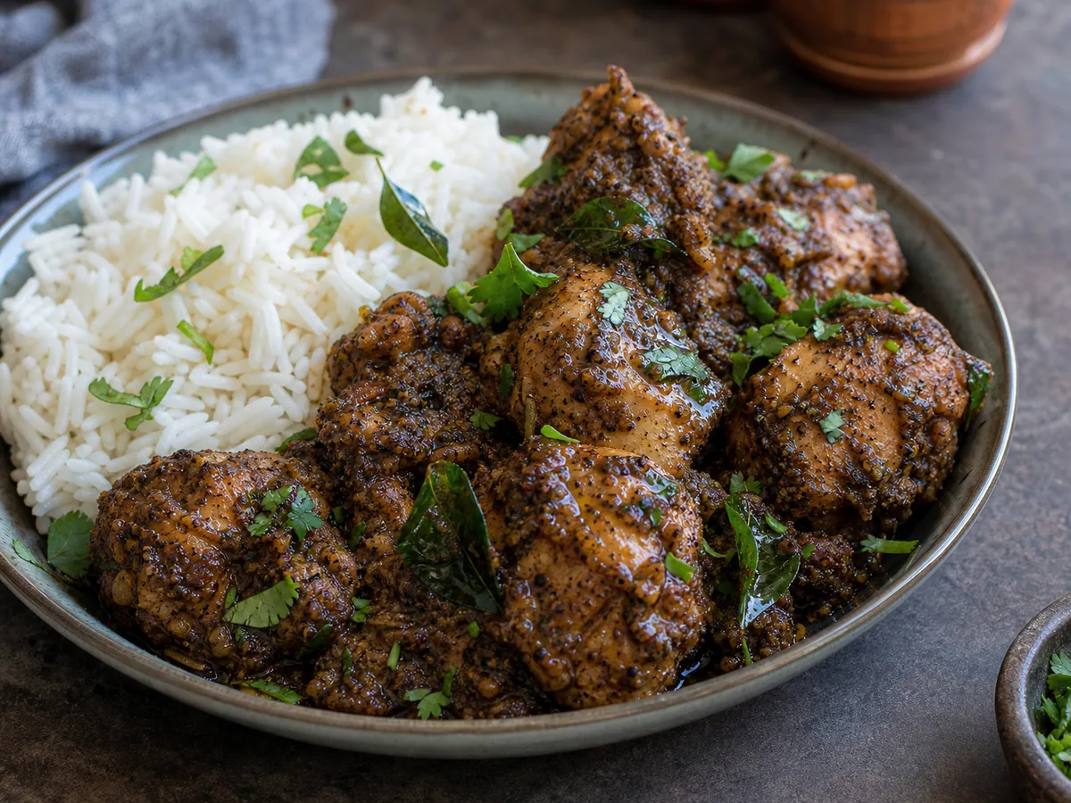 Pollo chettinad con pimienta en un tazón poco profundo, con hojas de curry y cilantro