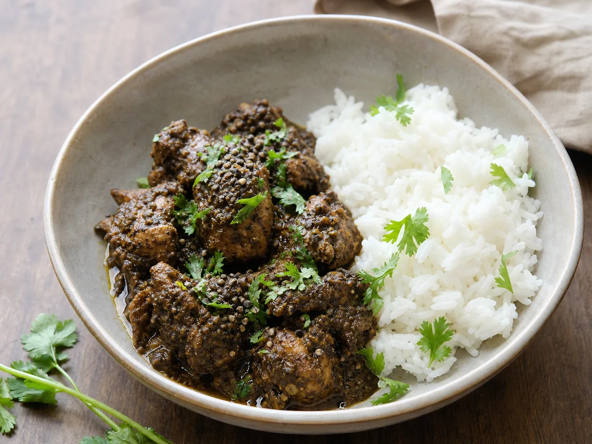 Pollo chettinad con pimienta completamente cocido, recién terminado con especias gruesas y cilantro